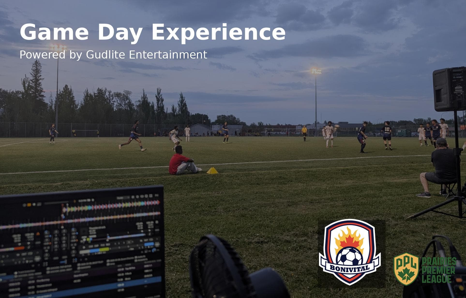 winnipeg-sports-dj-bonivital-flames Winnipeg DJ Gudlite Entertainment providing game day music and announcements for Bonivital Flames Prairie Premier League match